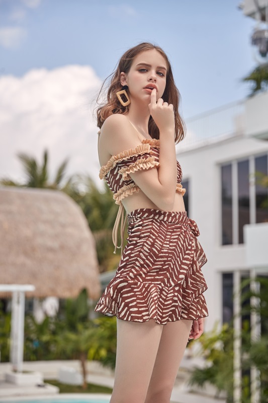 Women’s Sexy Brown Print Bandeau with Ruffles And High Waist Bottom Swimsuit
