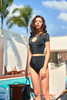 Women’s Sexy Black Shiny Rib Cut-out Top And High Waist Bottom Swimsuit