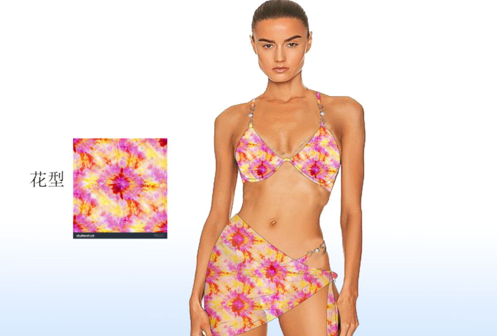 Printed Bikini with Rhinestone And Sarong Bikini Suit