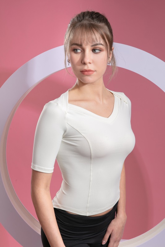 Women’s Cream Quick Dry Breathable Fitness Workout Yoga Short Sleeve Top