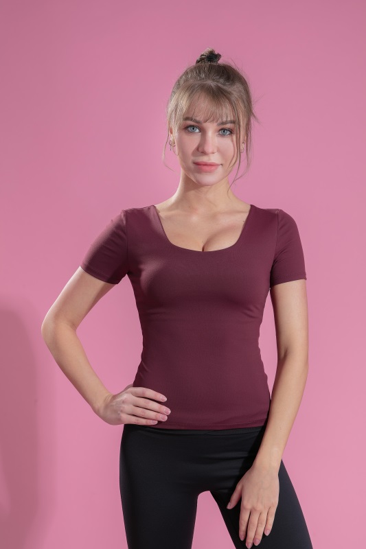 Women’s Wine Red Quick Dry Breathable Fitness Workout Yoga Short Sleeve Top