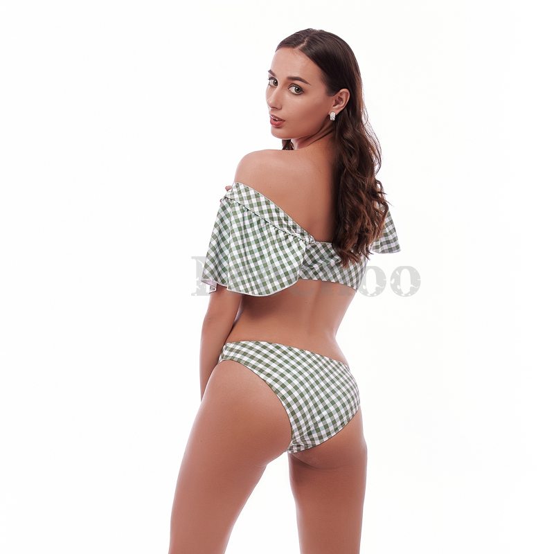 Women’s Sexy Checked Puff Sleeve Drawstring Bikini Suit