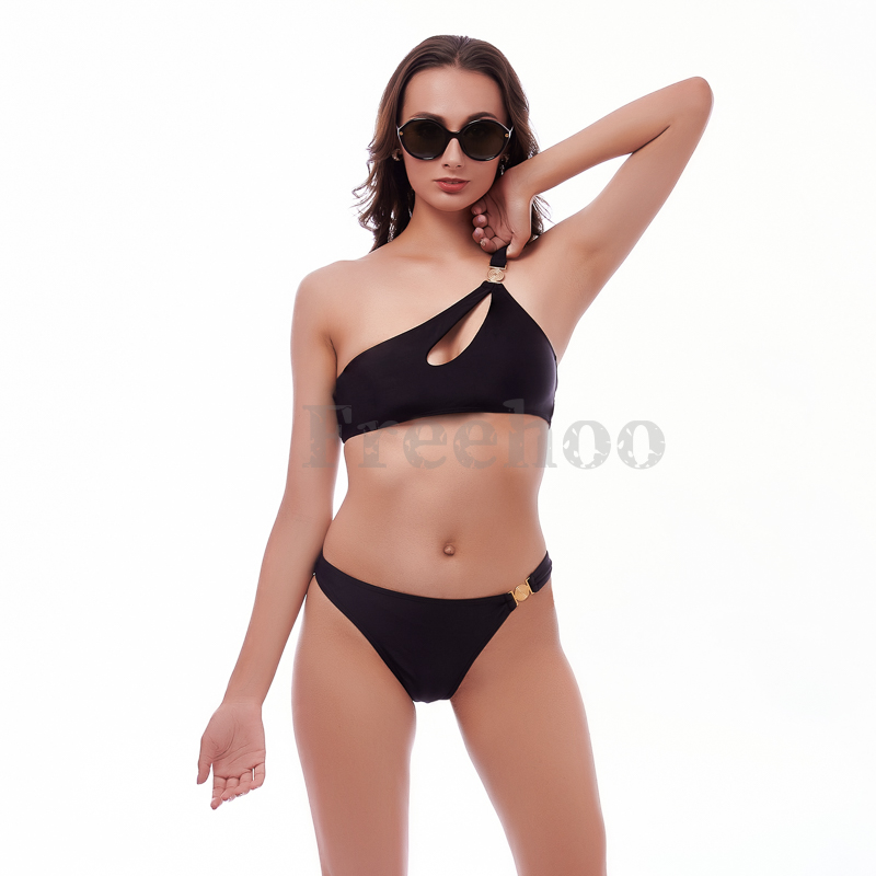 Women’s Sexy Black One Shoulder Cutout Bikini Suit