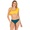 Women’s Sexy Yellow Asymmetric Frill Top And Blue Side 3 Straps Bottom Contrast Bikini Suit