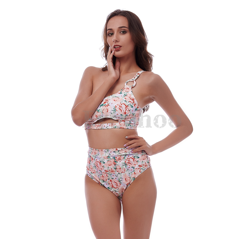 Women’s Sexy Floral Allover Print One Shoulder High Waist Bikini Suit