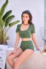 Women’s Sexy Green Texture Short Sleeve Top And High Waist Bottom Swimsuit