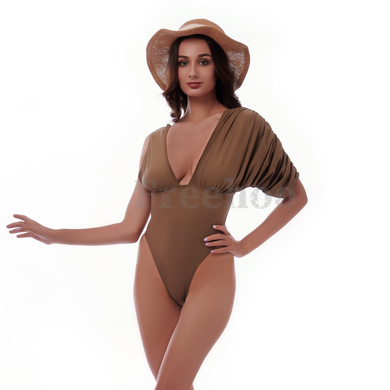 Women’s Sexy Mocha Asymmetric Sleeve Wireless One-piece Swimsuit